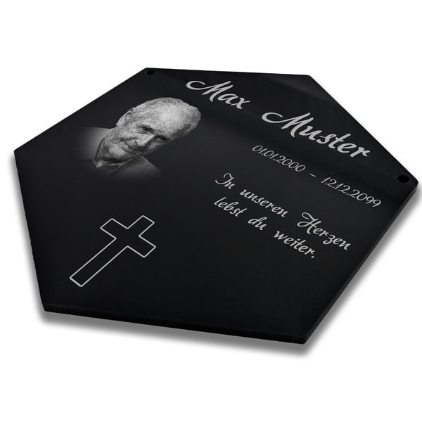 Acrylglas Sechseck Grabschmuck - Foto Lasergravur liegend