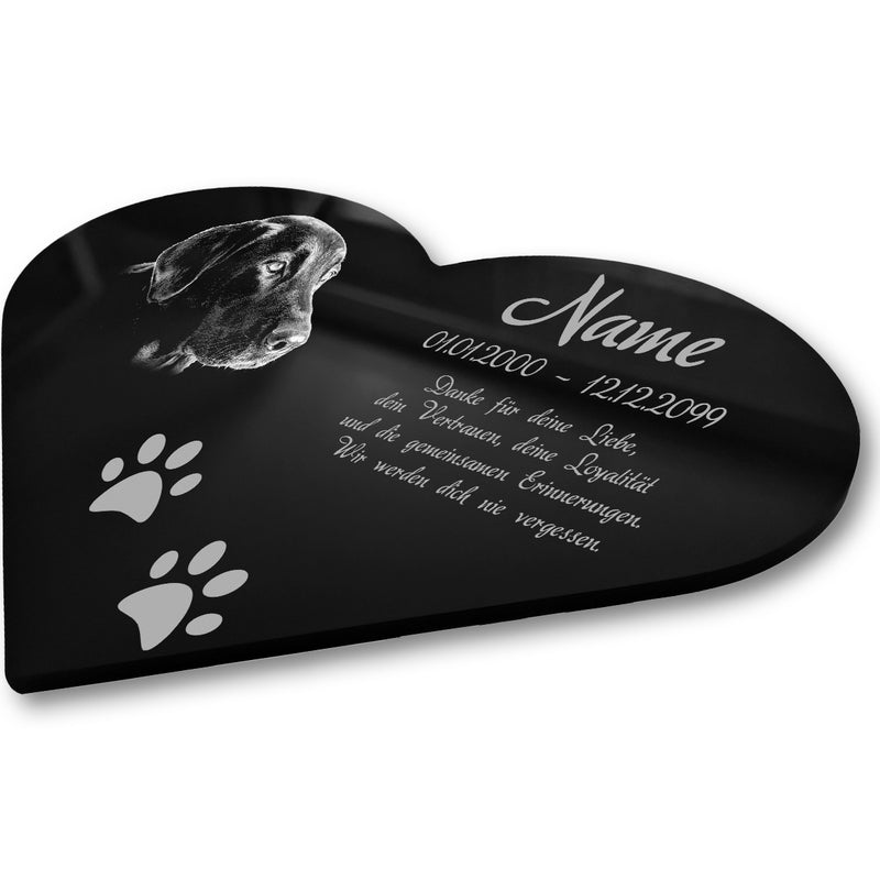 Acrylglas Tier Grabschmuck als Herz Schwarz Hochglanz mit Foto Lasergravur liegend