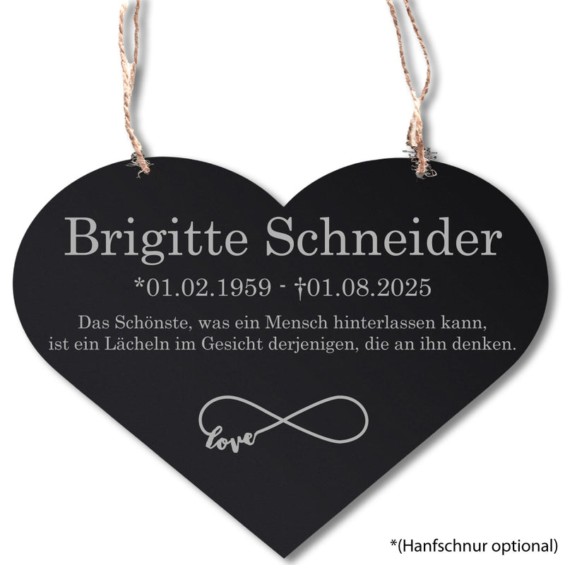 Acrylglas Grabschmuck für Menschen als Herz Schwarz mit Text Lasergravur mit Hanfschnur