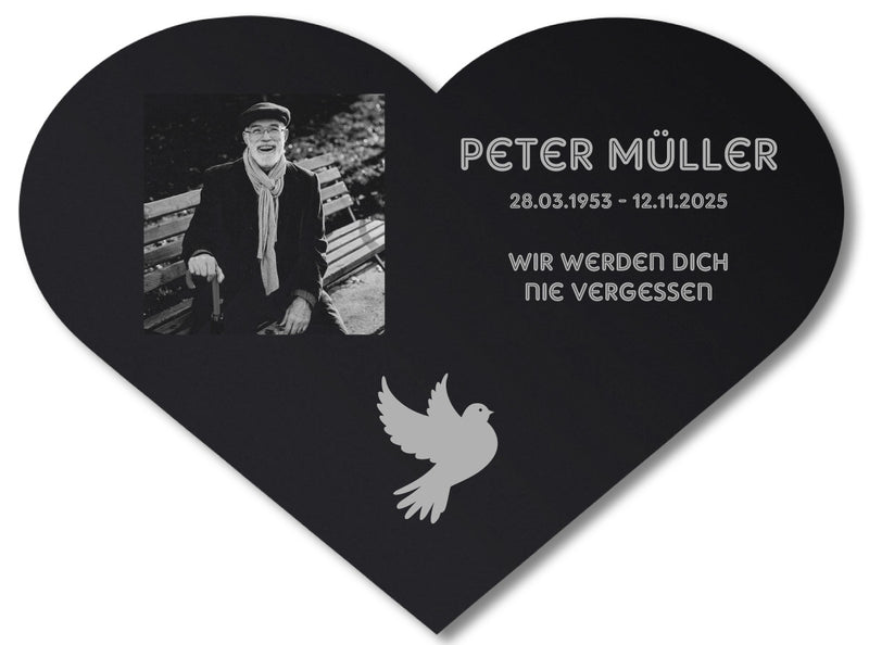 Acrylglas Grabschmuck für Menschen als Herz Schwarz mit Foto Lasergravur Beispielgravur