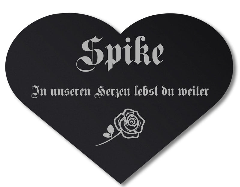 Acryl Tier Grabschmuck in Herzform Schwarz Hochglanz mit Textgravur Beispielgravur