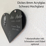 Acrylglas Grabschmuck für Menschen als Herz Schwarz mit Foto Lasergravur mit Abstandhalter