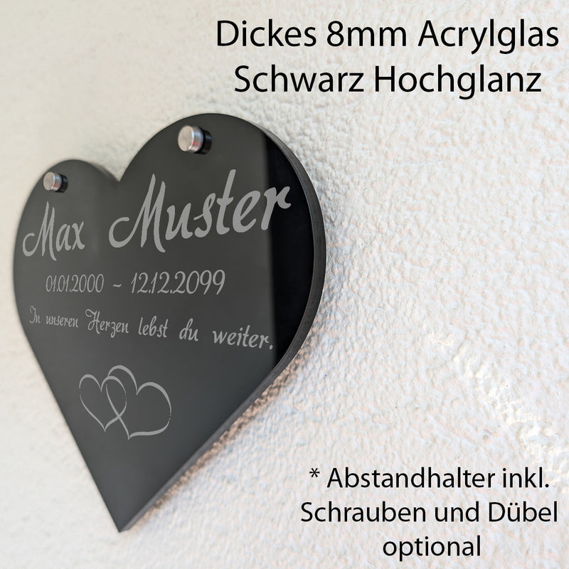 Acrylglas Grabschmuck für Menschen als Herz Schwarz mit Text Lasergravur mit Abstandhalter Edelstahl