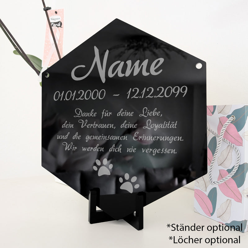 Acrylglas Tier Grabschmuck Sechseck - Text Lasergravur Innenbereich